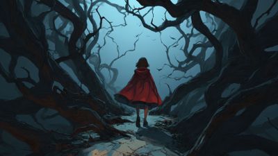 Red Cloak Dark Forest Digital Art Wallpaper