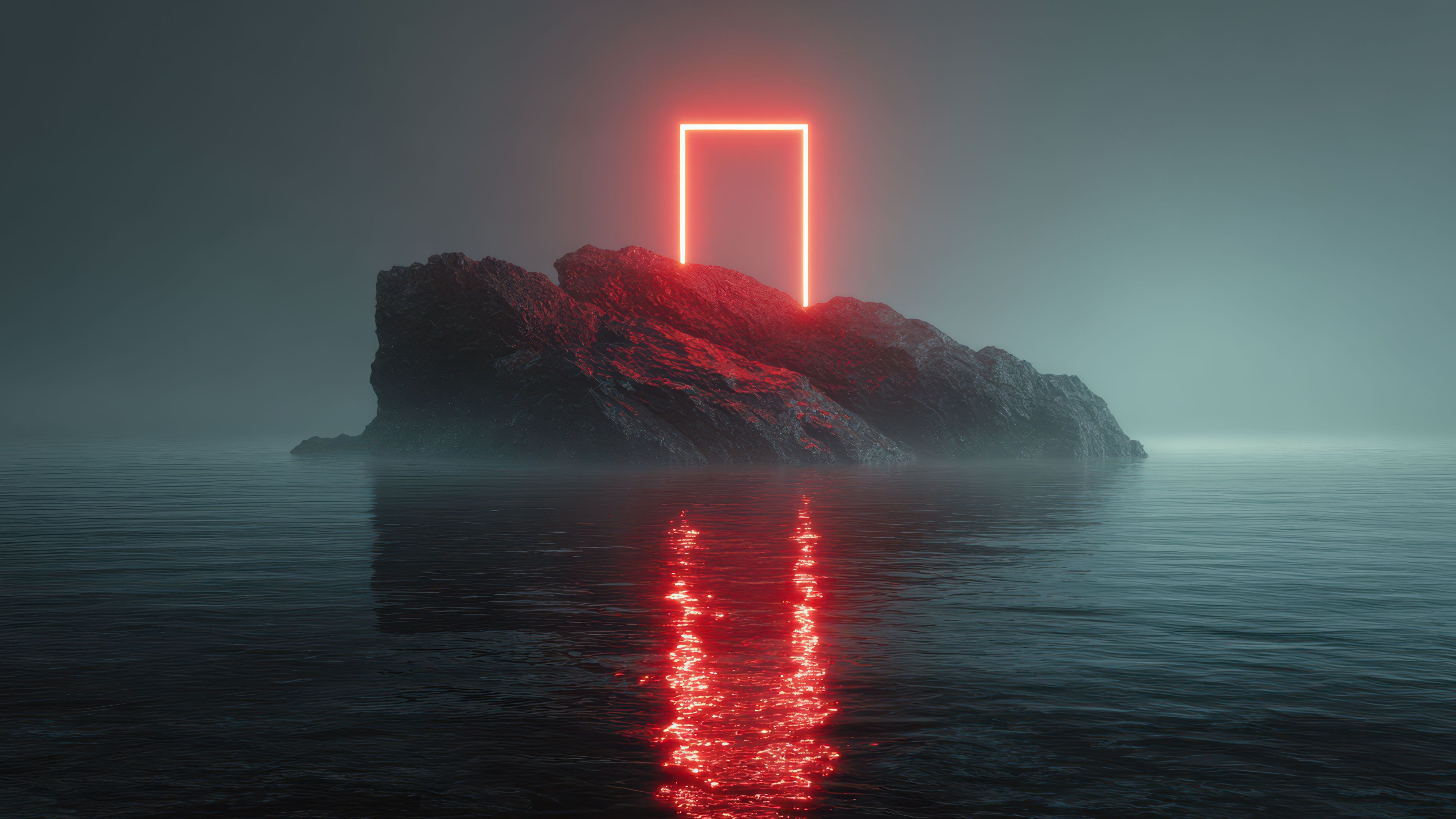Mysterious Red Neon Gateway On Misty Island Wallpaper