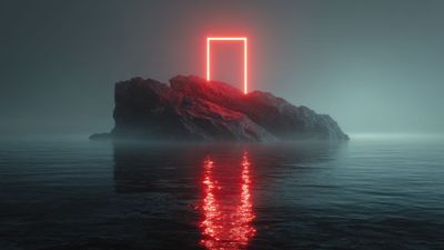 Mysterious Red Neon Gateway On Misty Island Wallpaper
