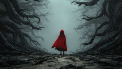 Red Cloak Forest Journey Digital Art Wallpaper