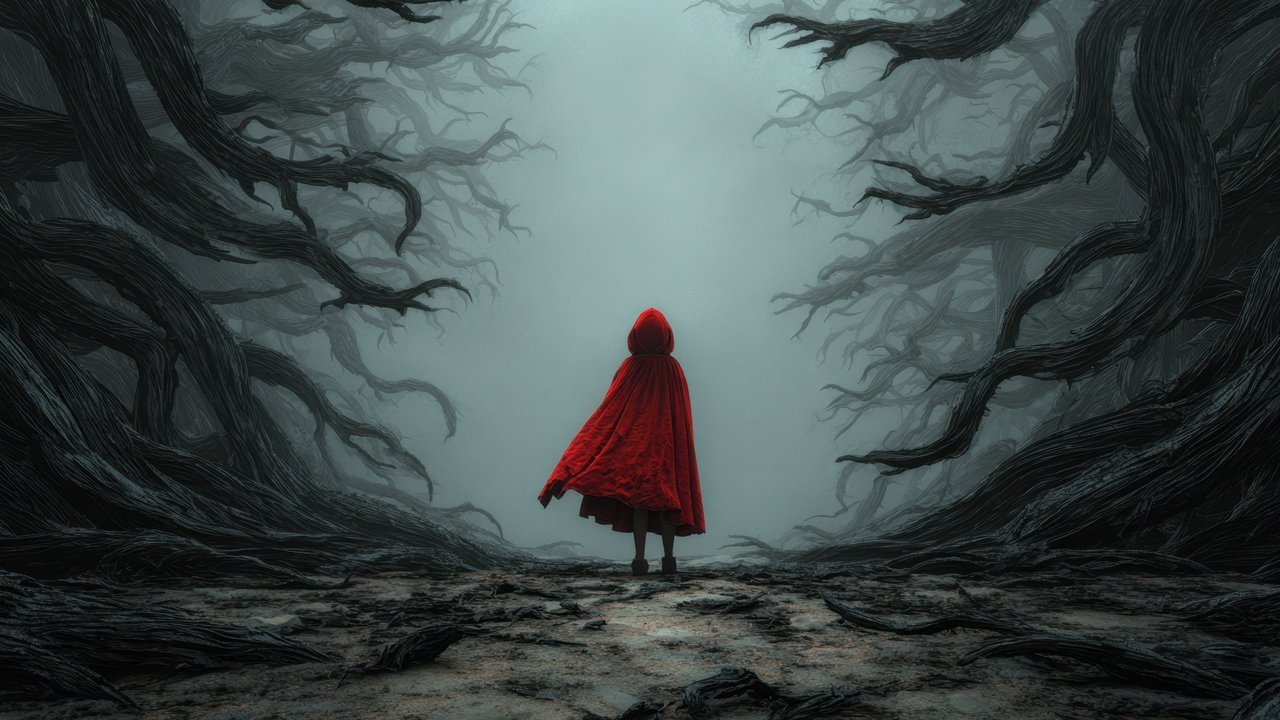 Red Cloak Forest Journey Digital Art Wallpaper