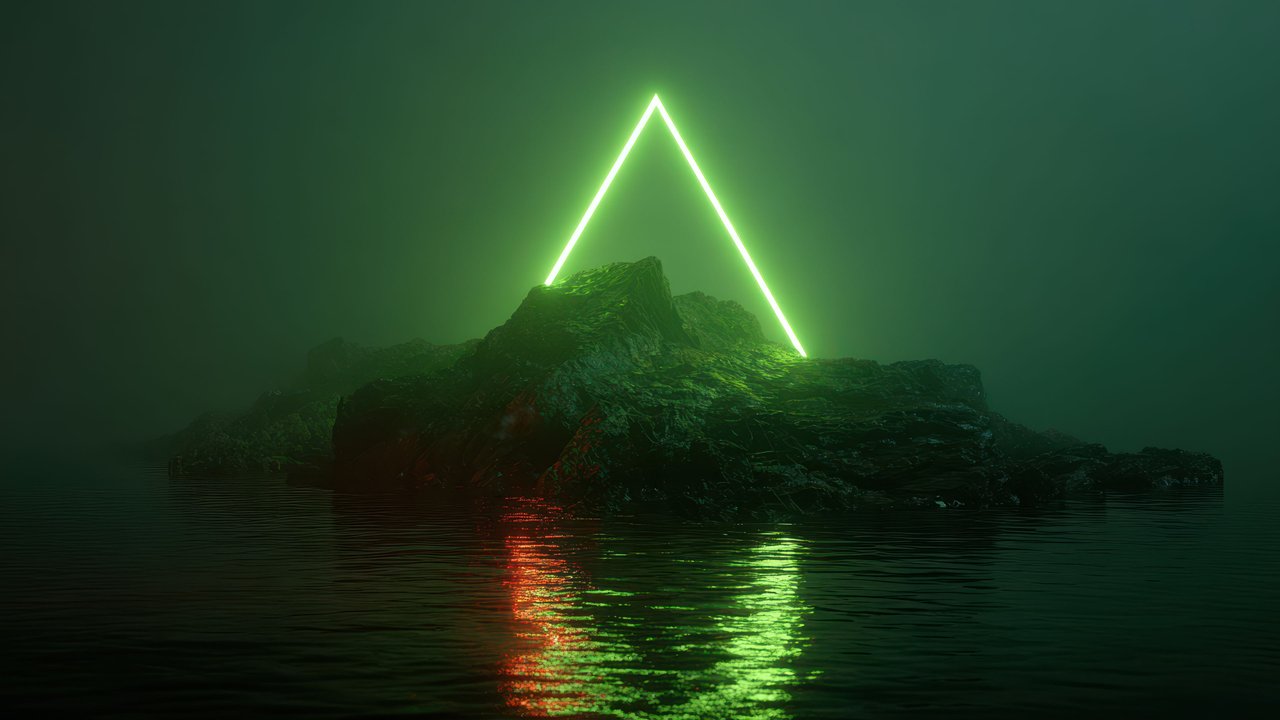 Green Neon Triangle Island Water Reflection Wallpaper