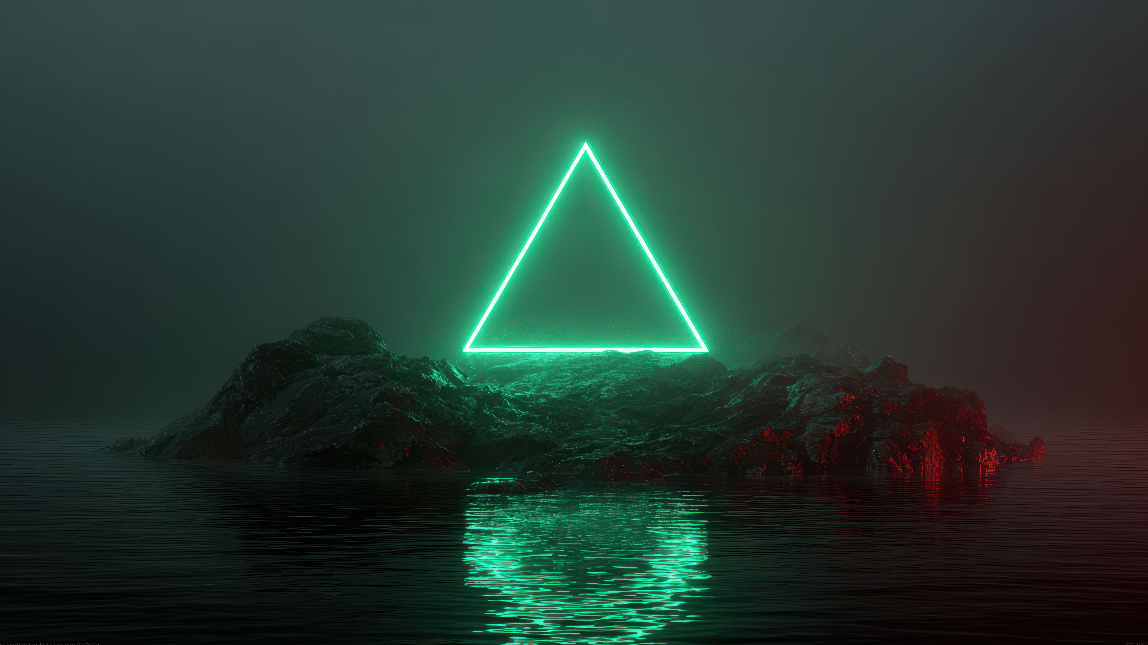 Green Neon Triangle On Island With Water Reflection Wallpaper