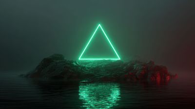 Green Neon Triangle On Island With Water Reflection Wallpaper