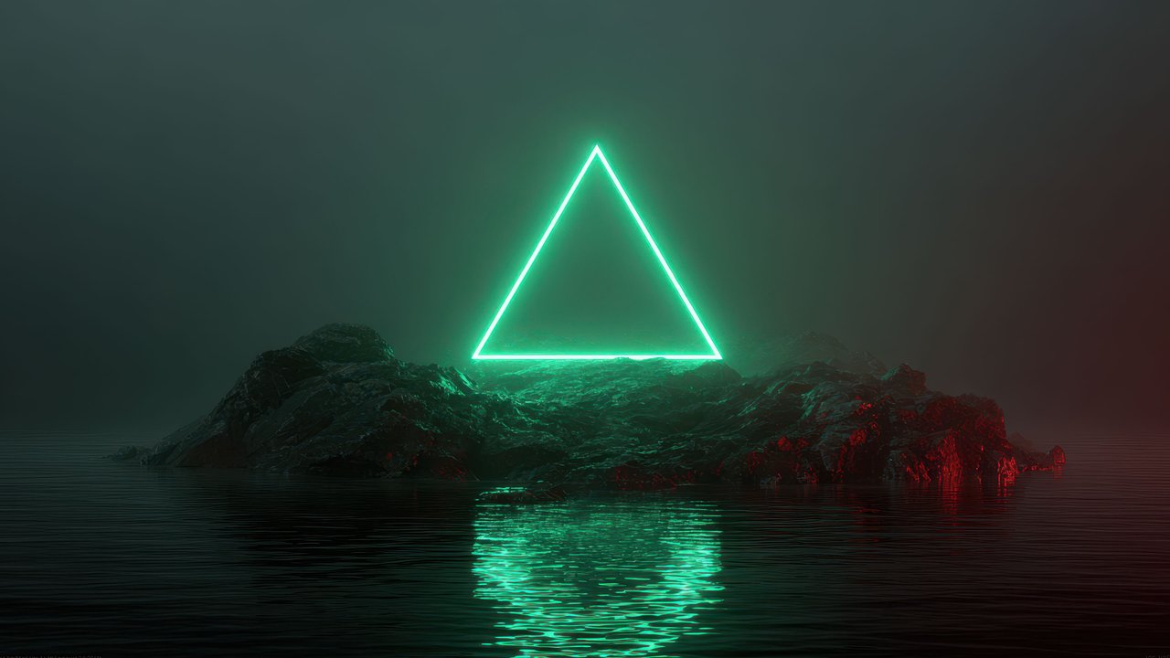 Green Neon Triangle On Island With Water Reflection Wallpaper