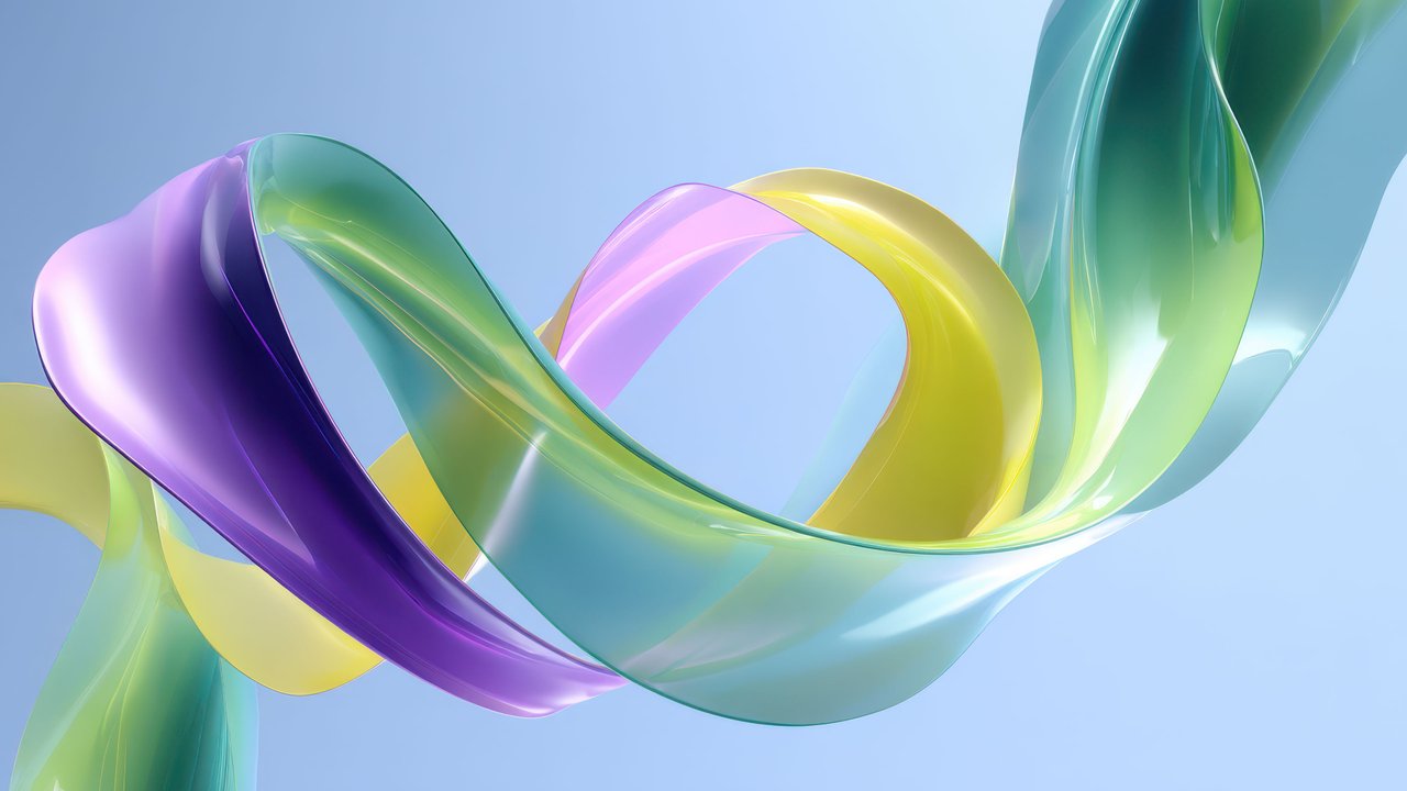 Abstract Volumetric Flowing Ribbons Soft Yellow Purple Teal Windows 11 Wallpaper