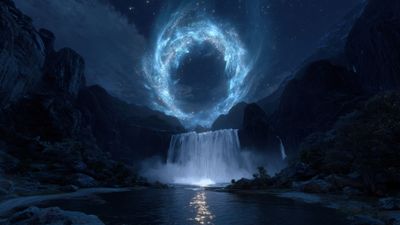 Glowing Crystal Portal Waterfall Night Mountain Wallpaper