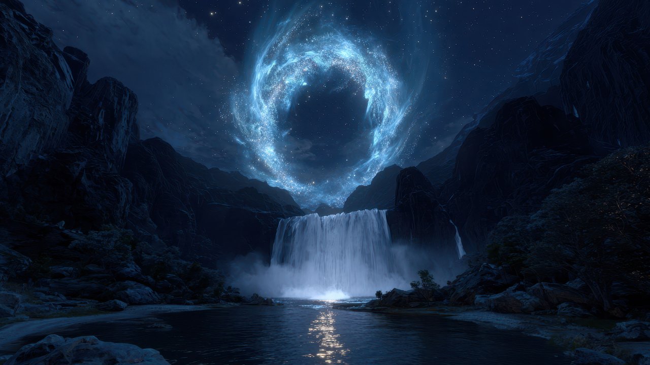 Glowing Crystal Portal Waterfall Night Mountain Wallpaper