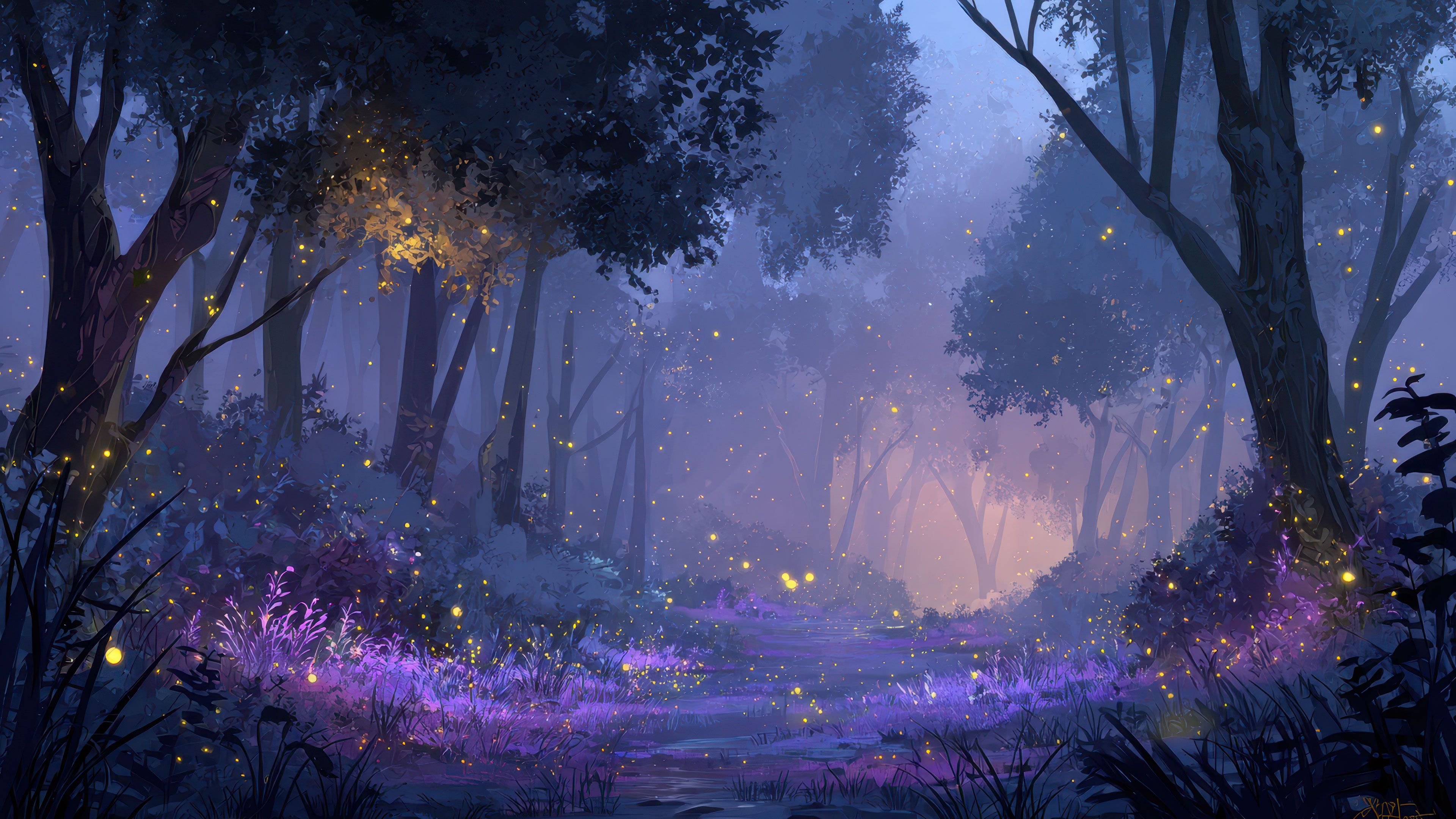 Twilight Forest Path Purple Foliage Fireflies Wallpaper
