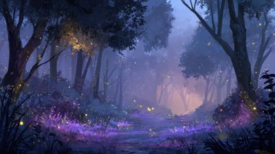 Twilight Forest Path Purple Foliage Fireflies Wallpaper