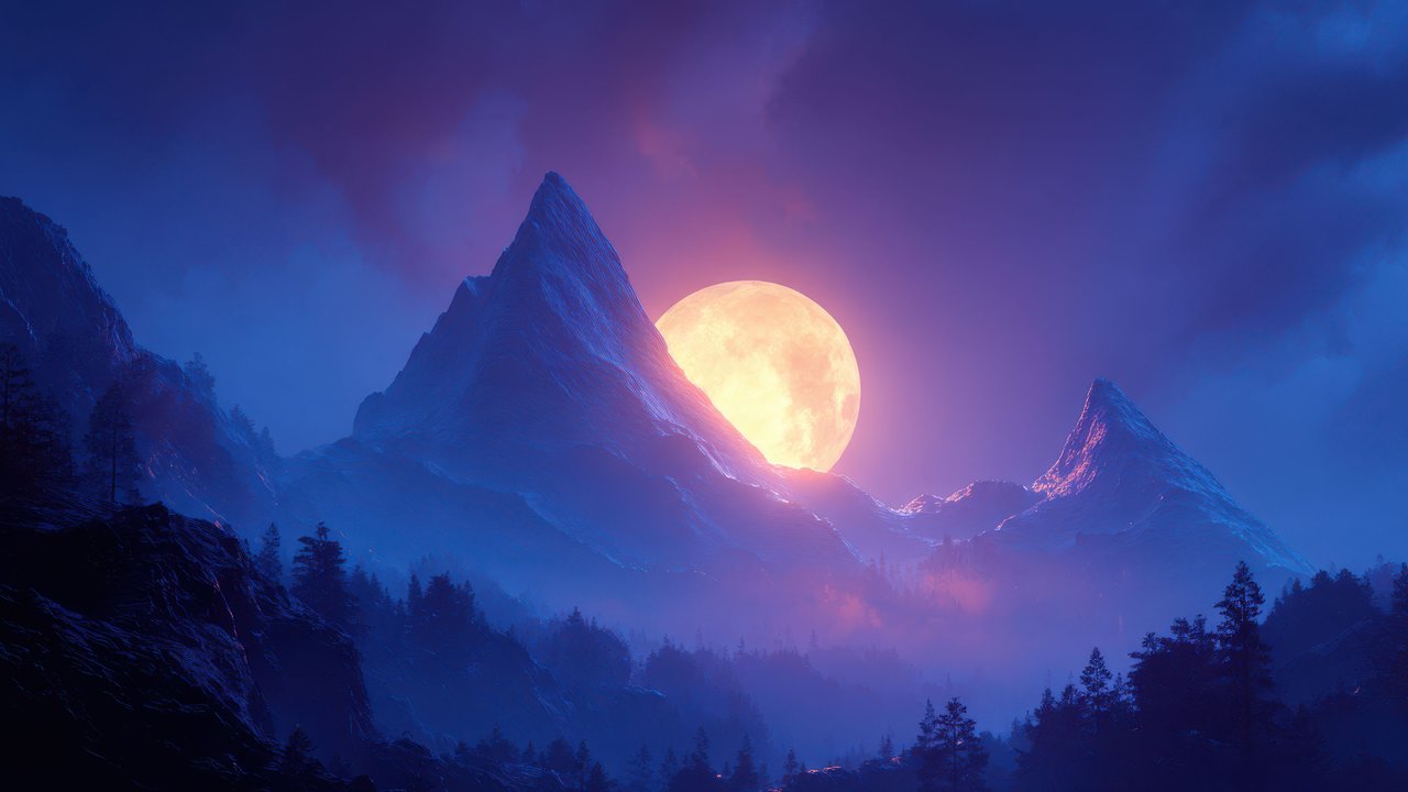 Full Moon Mountain Peaks Night Landscape Wallpaper