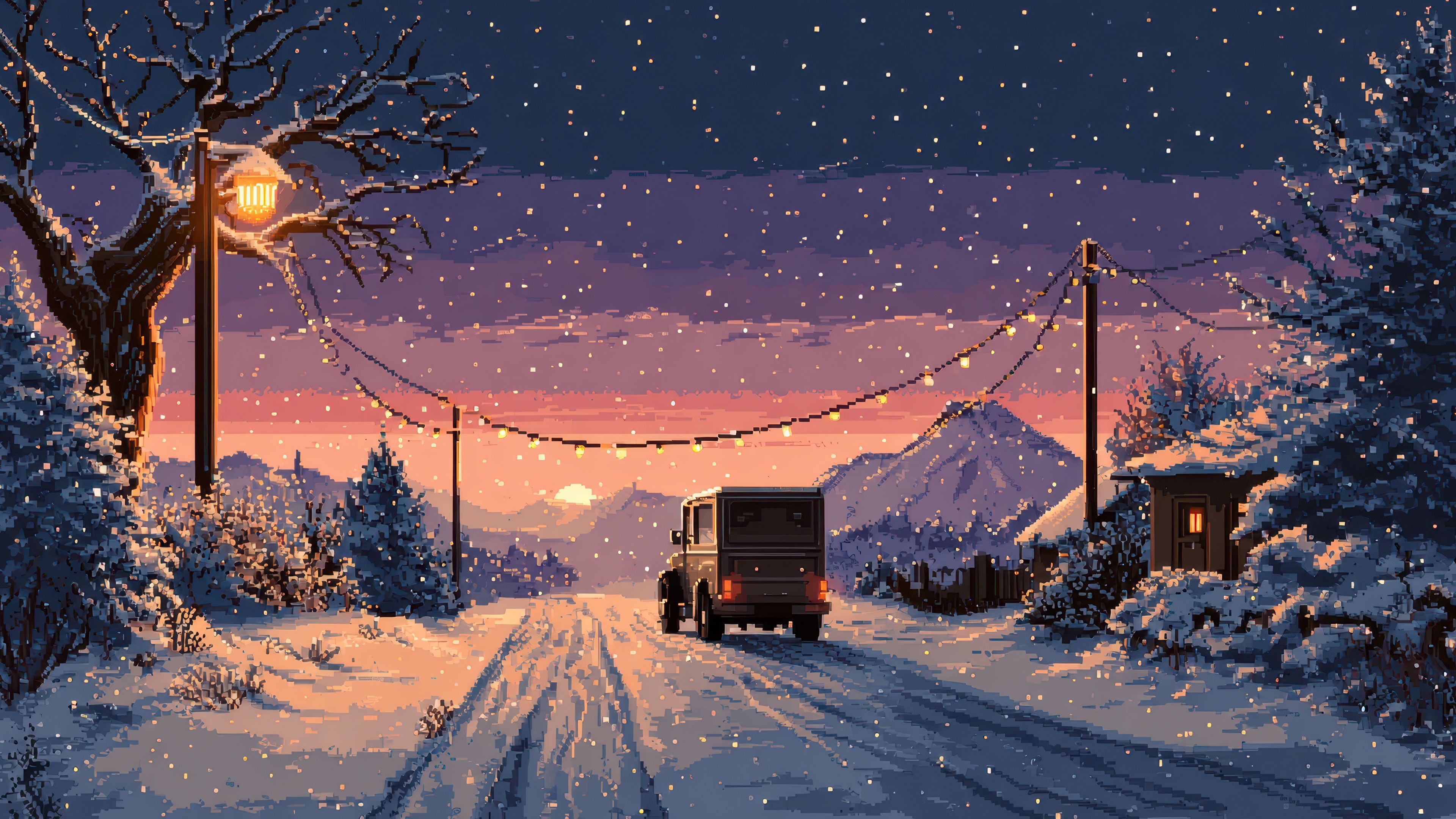 Pixel Art Winter Sunset Road Drive Wallpaper