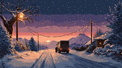 Pixel Art Winter Sunset Road Drive Wallpaper