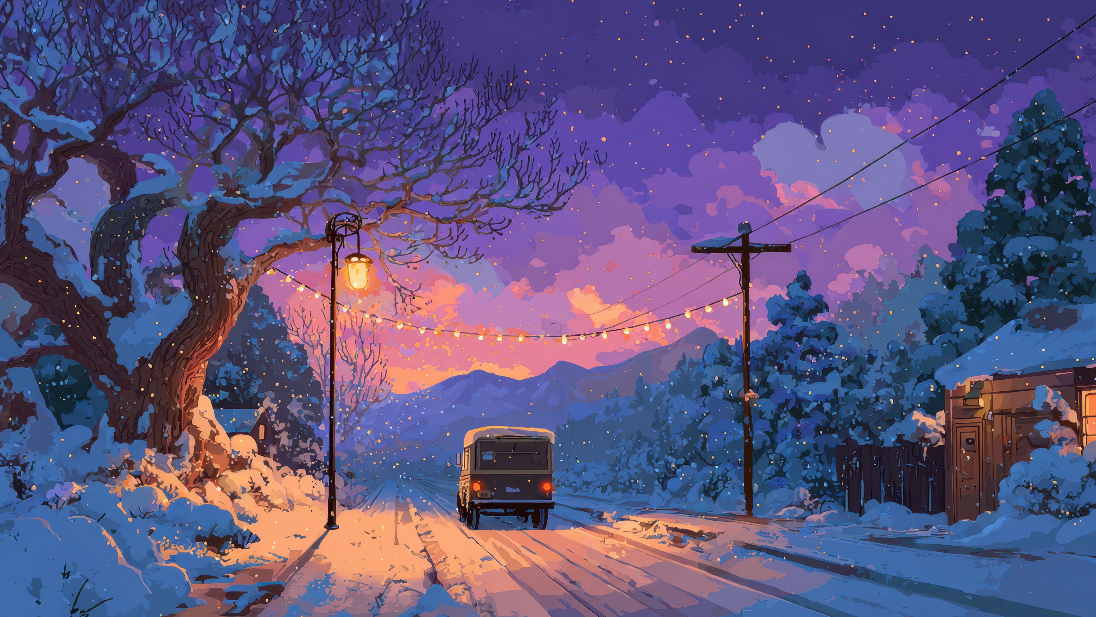 Winter Evening Snowy Road Bus String Lights Sunset Wallpaper