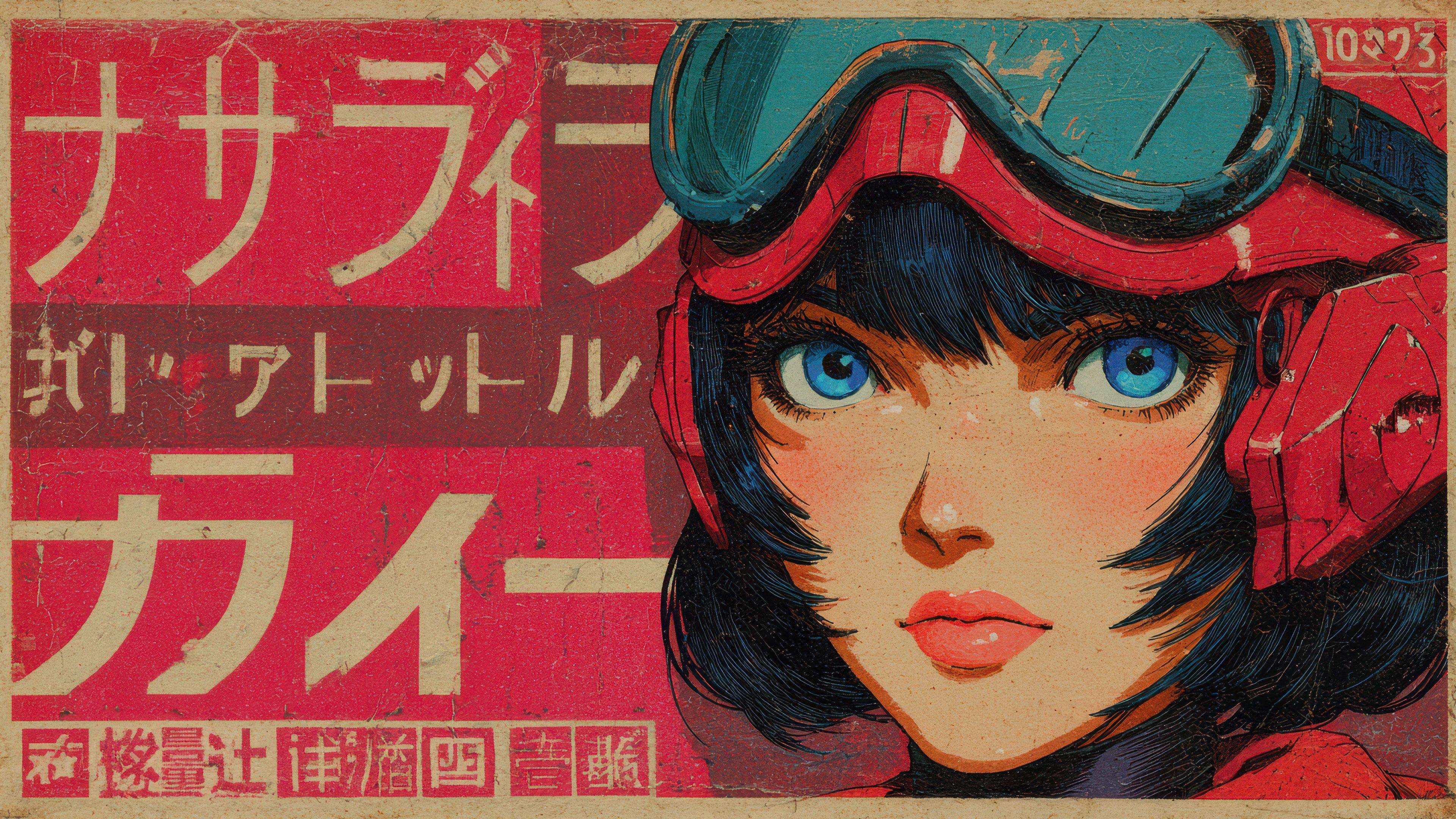 Retro Manga Cover Woman Blue Goggles Red Helmet Wallpaper
