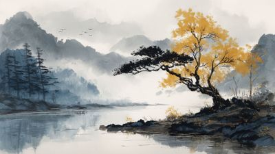 Japanese Sumi-e Landscape Golden Tree Mountains Wallpaper