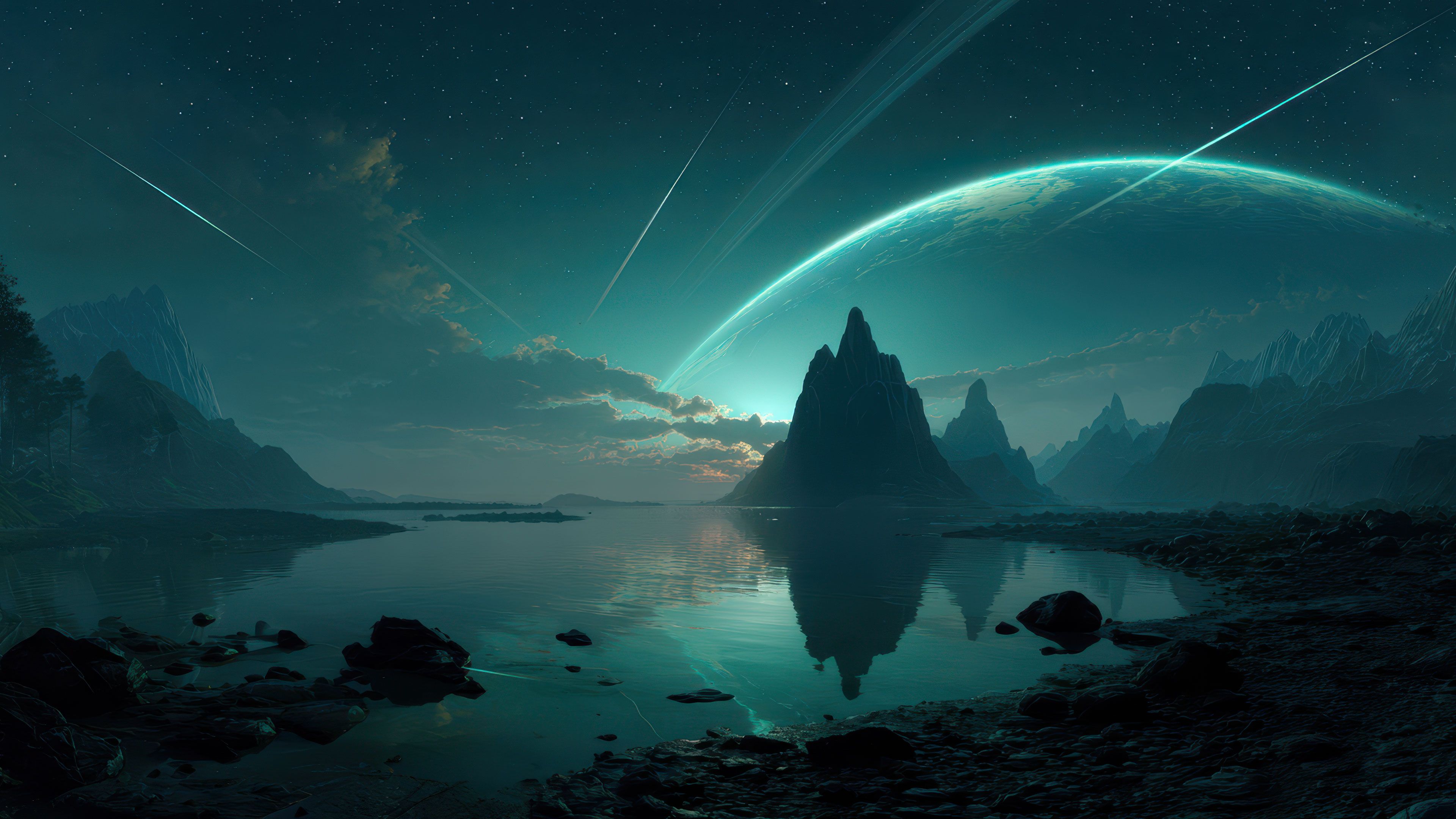 Alien Moonscape With Ringed Planet, Meteors, Lake, And Mountains Wallpaper