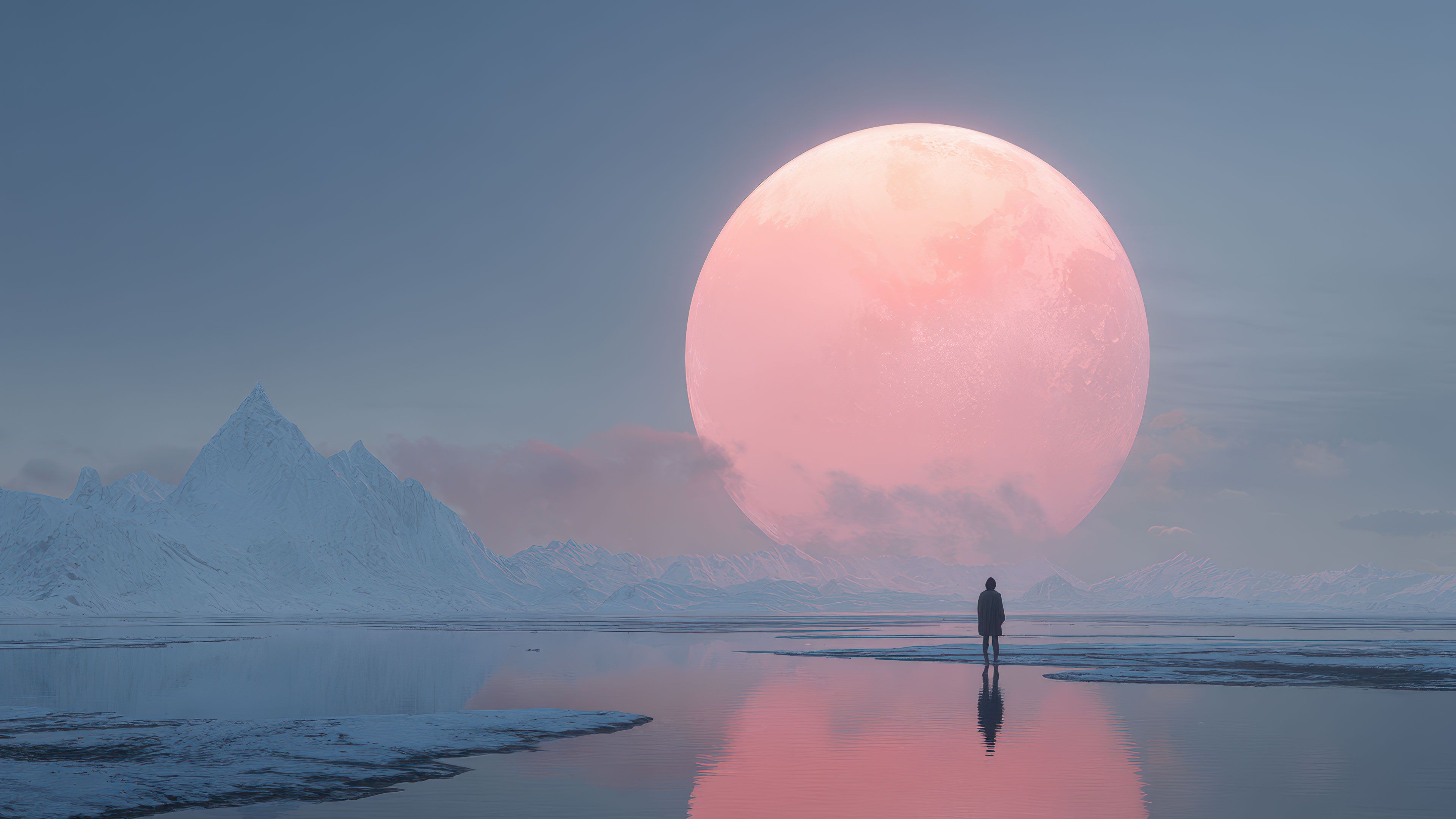 Solitary Figure Giant Pink Moon Desolate Twilight Wallpaper