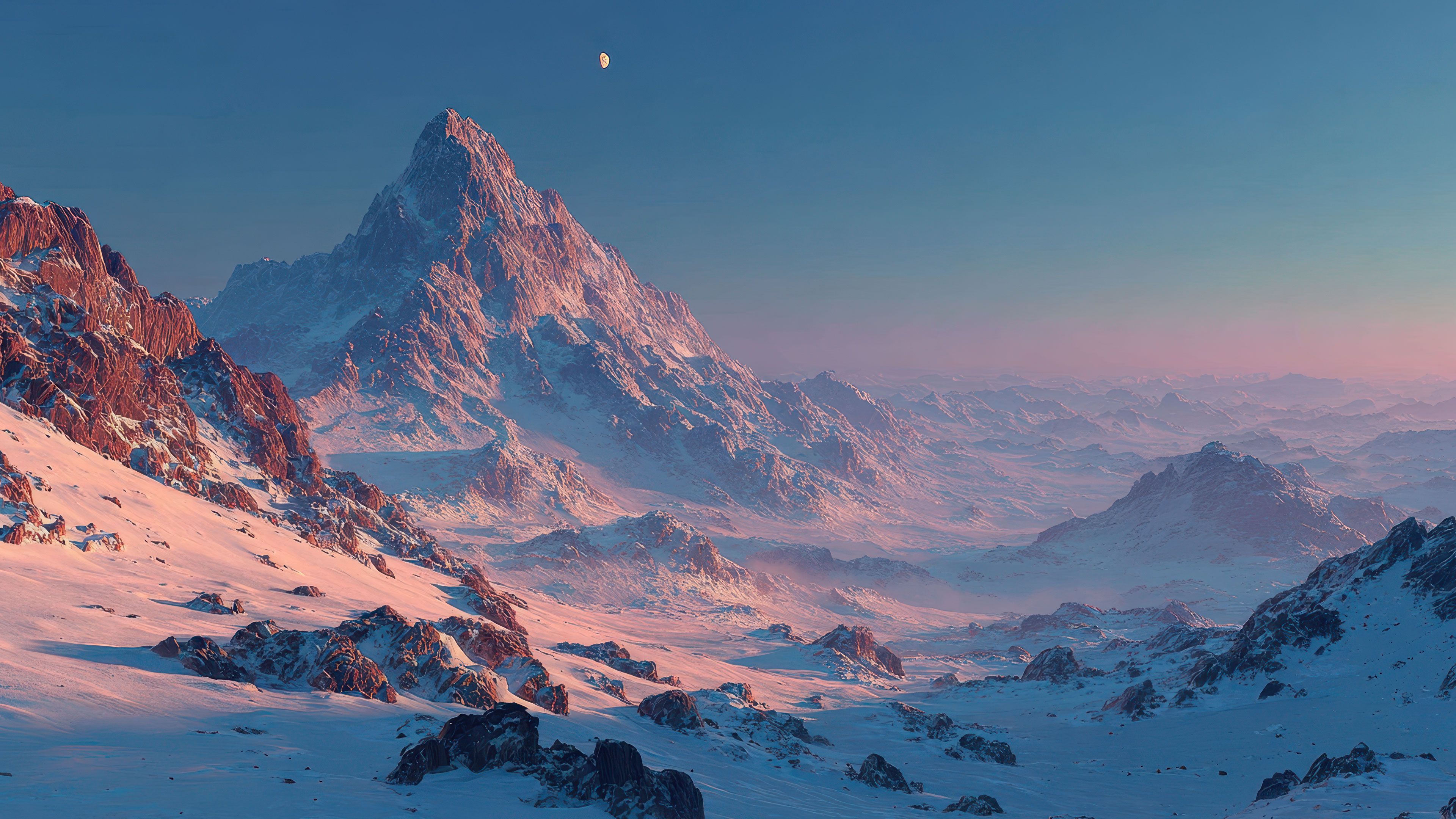 Highly Detailed Hyper Realistic Alien Snowy Mountain Landscape With Moon Wallpaper