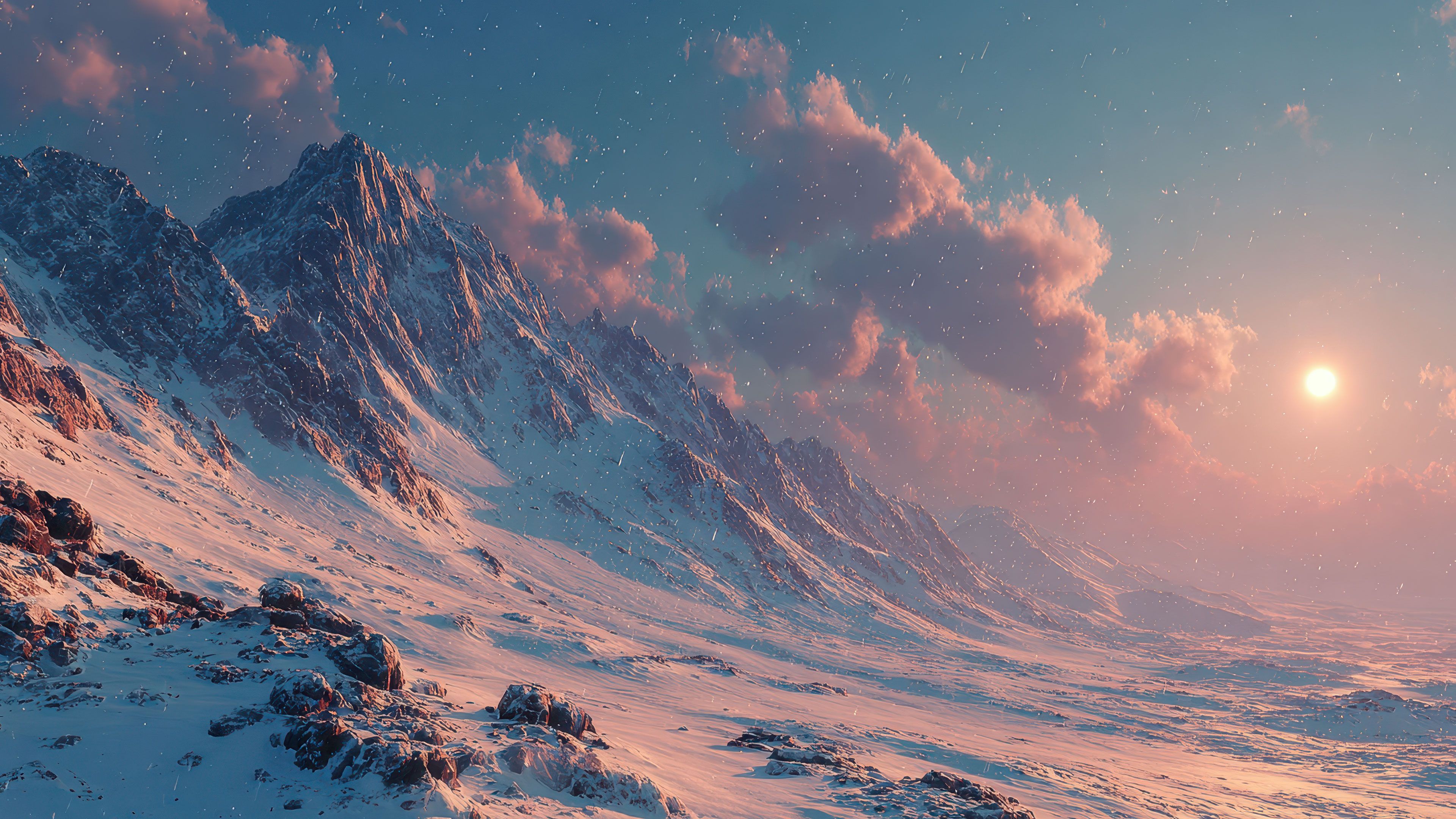 Hyper Realistic Alien Snowy Mountains Sunset Wallpaper