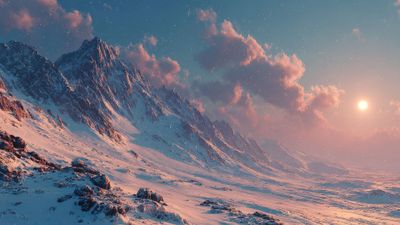 Hyper Realistic Alien Snowy Mountains Sunset Wallpaper
