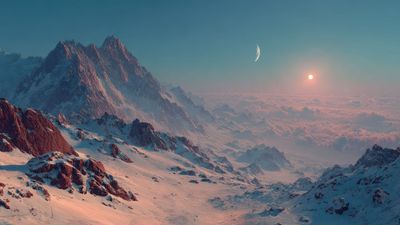 Alien Landscape Snowy Mountains Sunset Moon Wallpaper