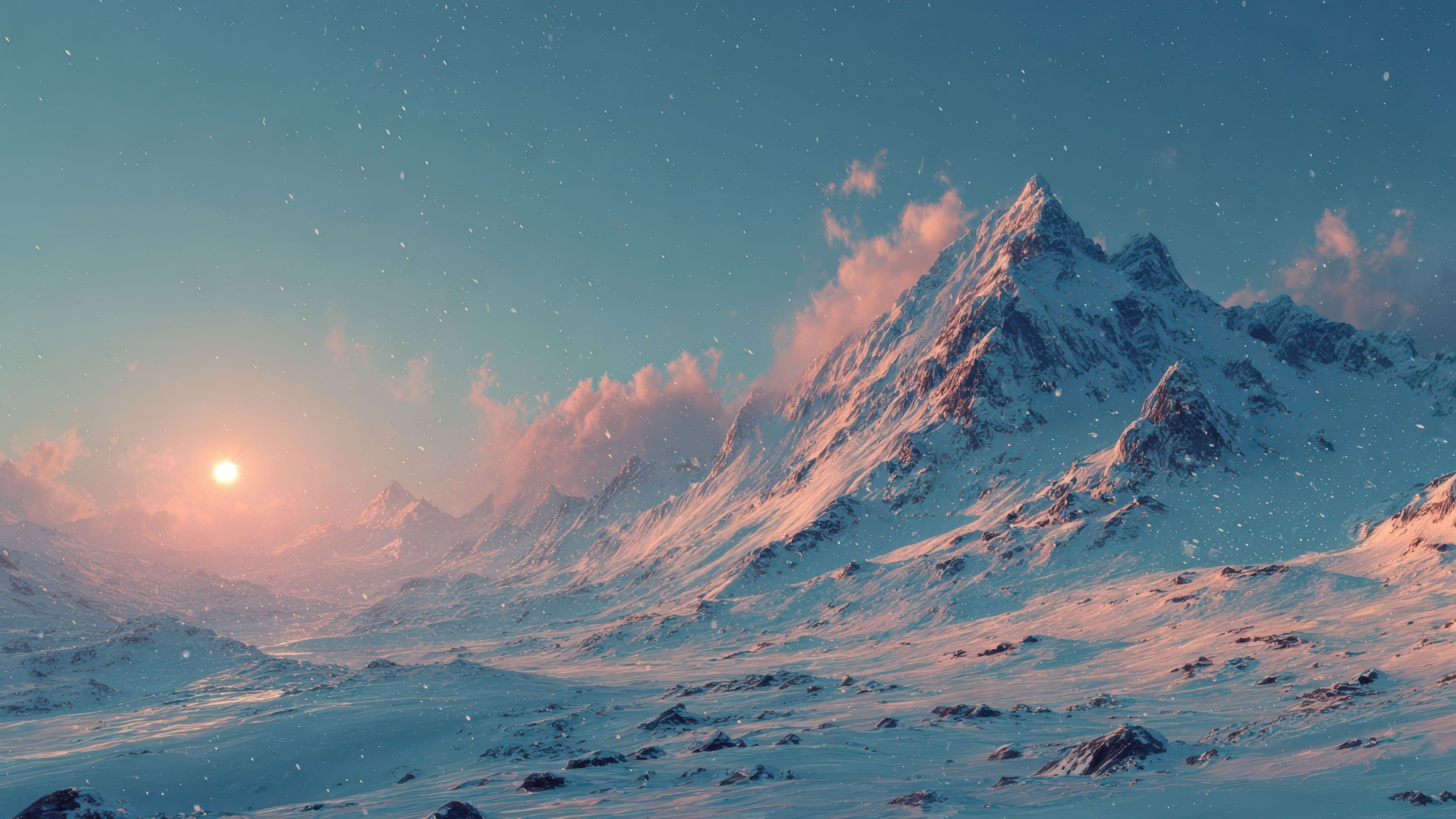 Alien Snowy Mountain Sunset Wallpaper