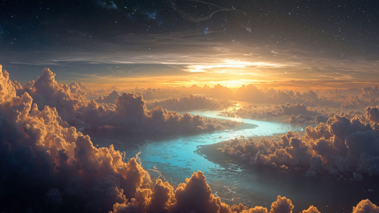 Golden Clouds Blue River Sunset Starry Sky Landscape Wallpaper