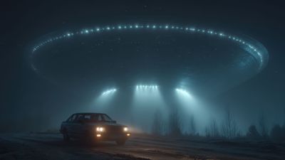 UFO Encounter Car Night Fog Wallpaper