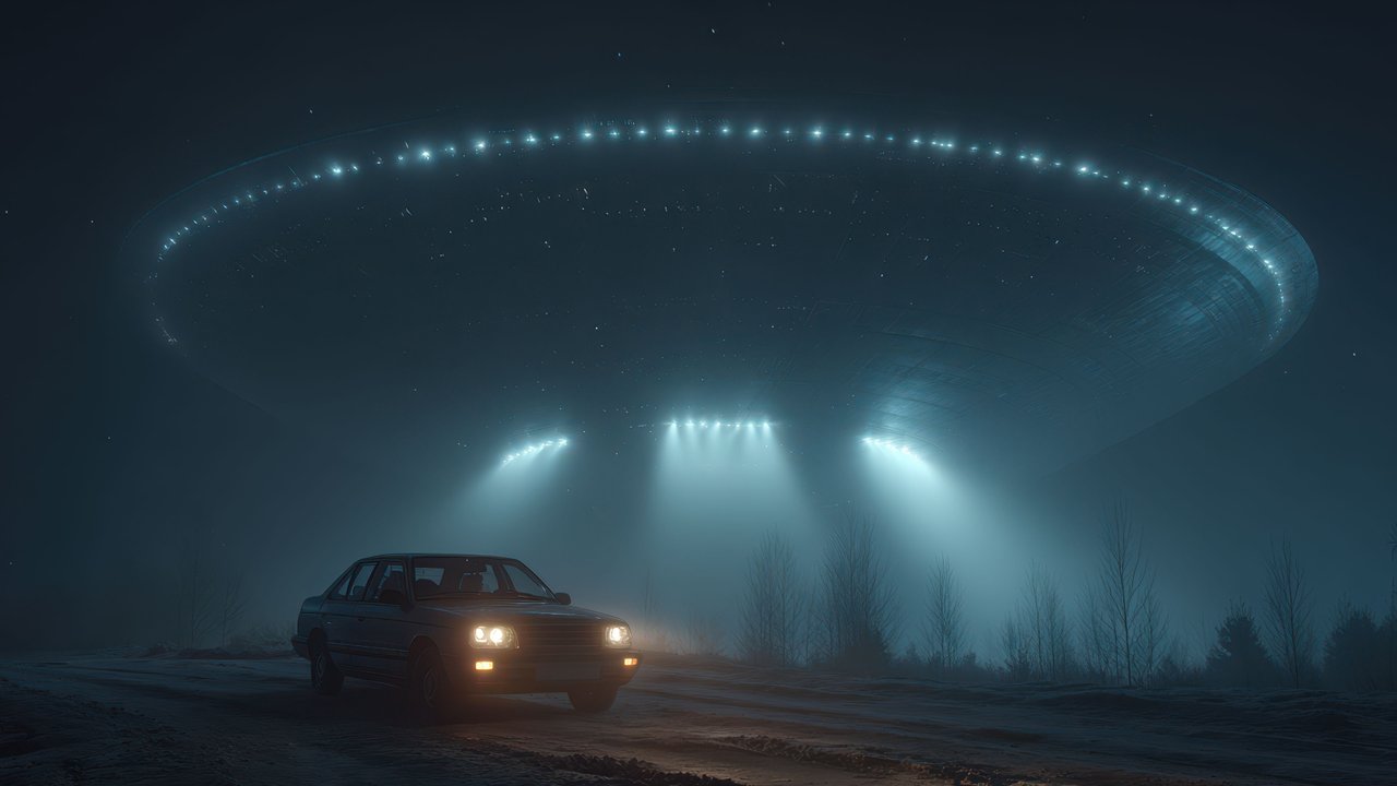 UFO Encounter Car Night Fog Wallpaper