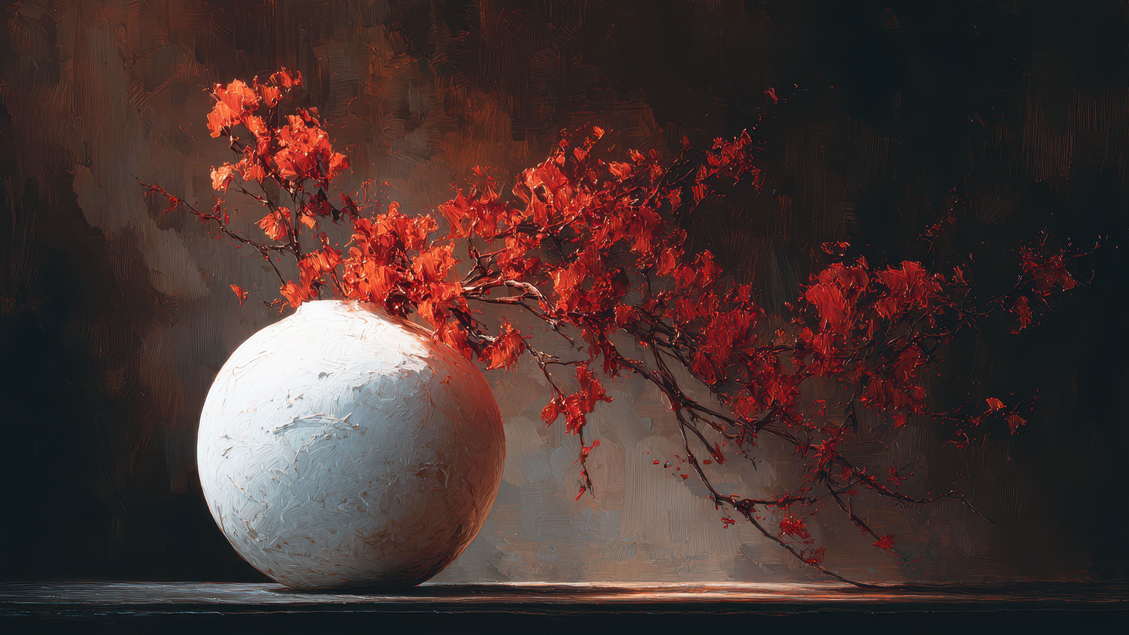 Abstract Realism Still Life Red Leaves White Vase Painting Wallpaper