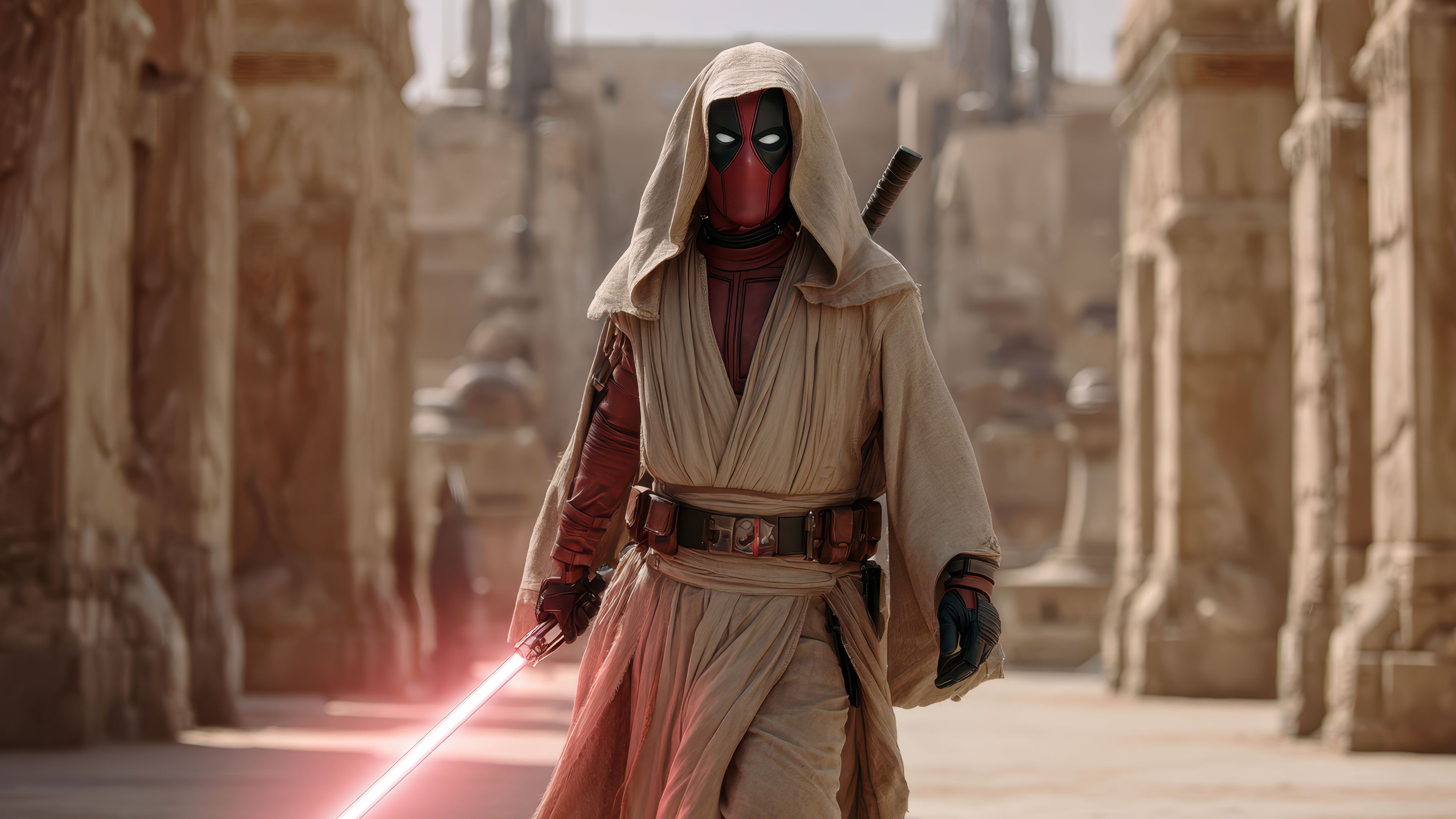 Deadpool Jedi Knight Red Lightsaber Desert Wallpaper