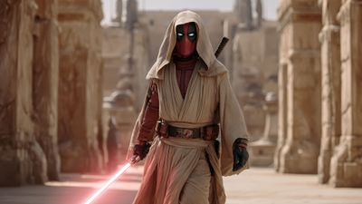 Deadpool Jedi Knight Red Lightsaber Desert Wallpaper