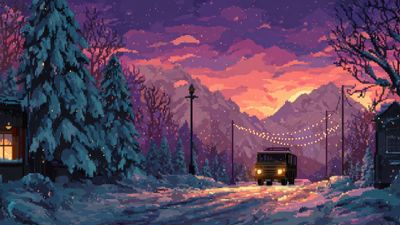 Pixel Art Winter Evening Landscape With Truck On Snowy Road Wallpaper
