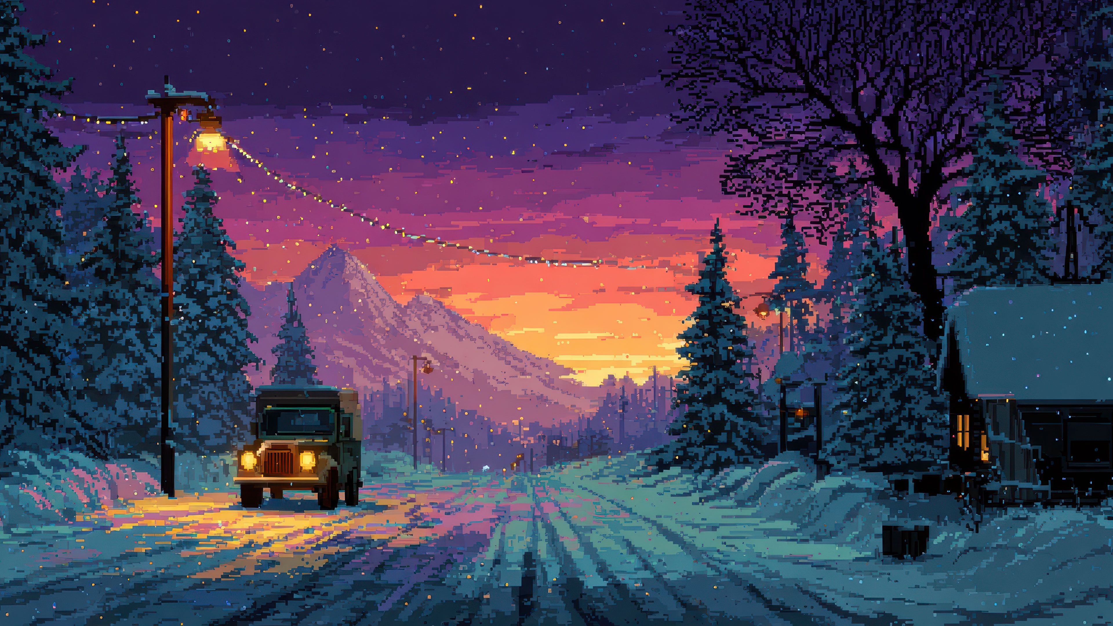Pixel Art Winter Evening Landscape With Snowy Road, Car, And Sunset Mountains Wallpaper