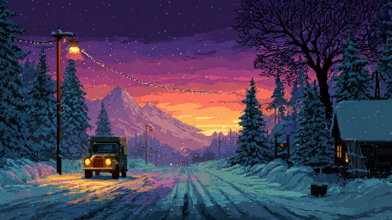 Pixel Art Winter Evening Landscape With Snowy Road, Car, And Sunset Mountains Wallpaper