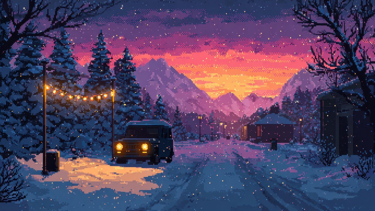 Detailed Pixel Art Serene Winter Evening Landscape With Mountains And Car Wallpaper