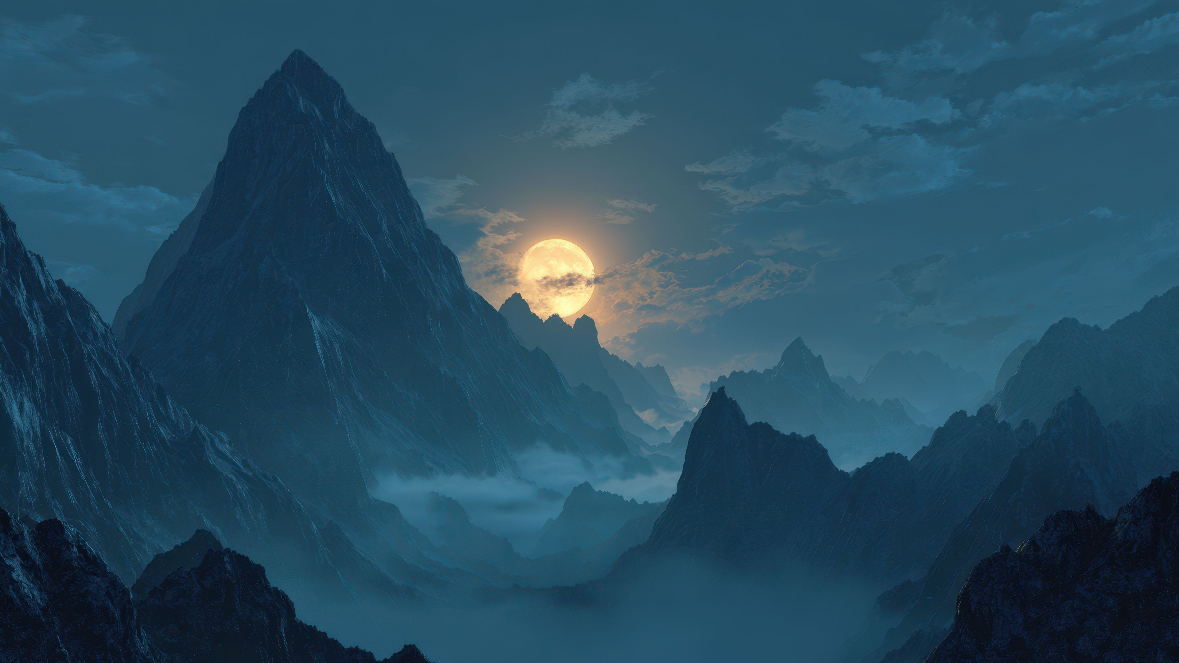 Dusk Rugged Mountain Valley Full Moon Wallpaper