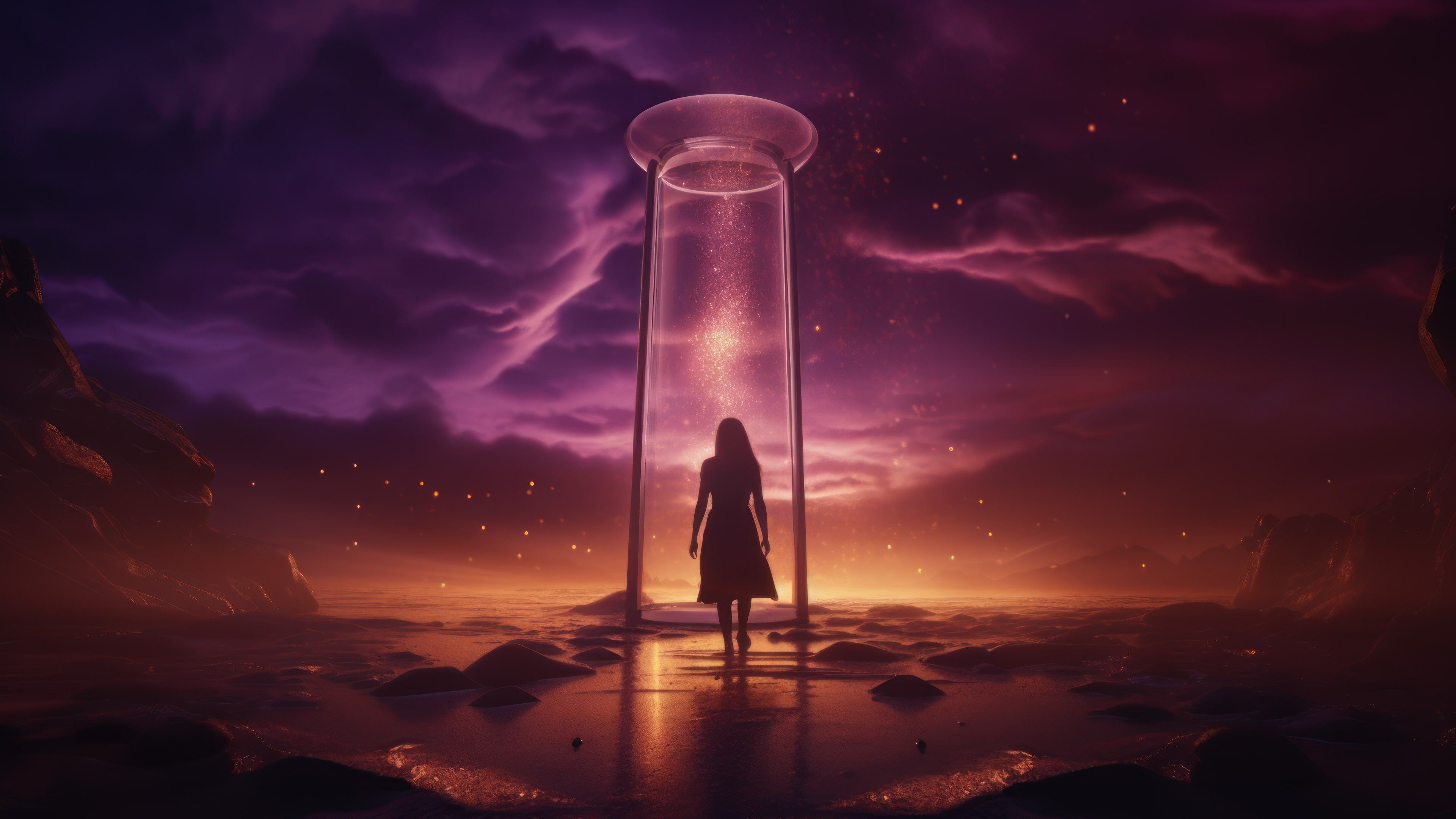Girl Walking Into Capsule 4K Wallpaper