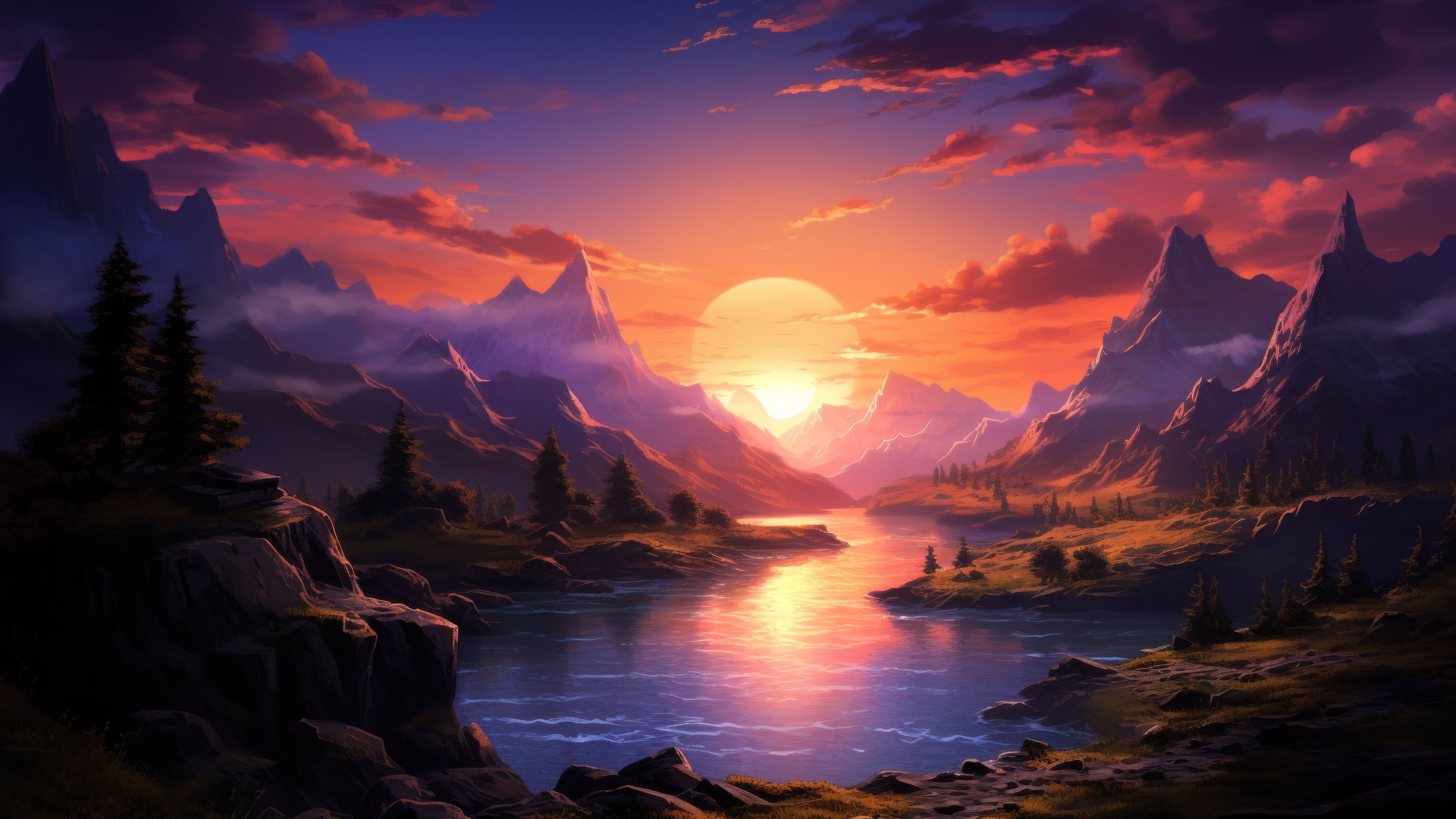 Lake Mountains Sunset 4K Wallpaper