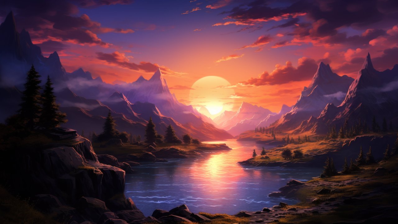 Lake Mountains Sunset 4K Wallpaper