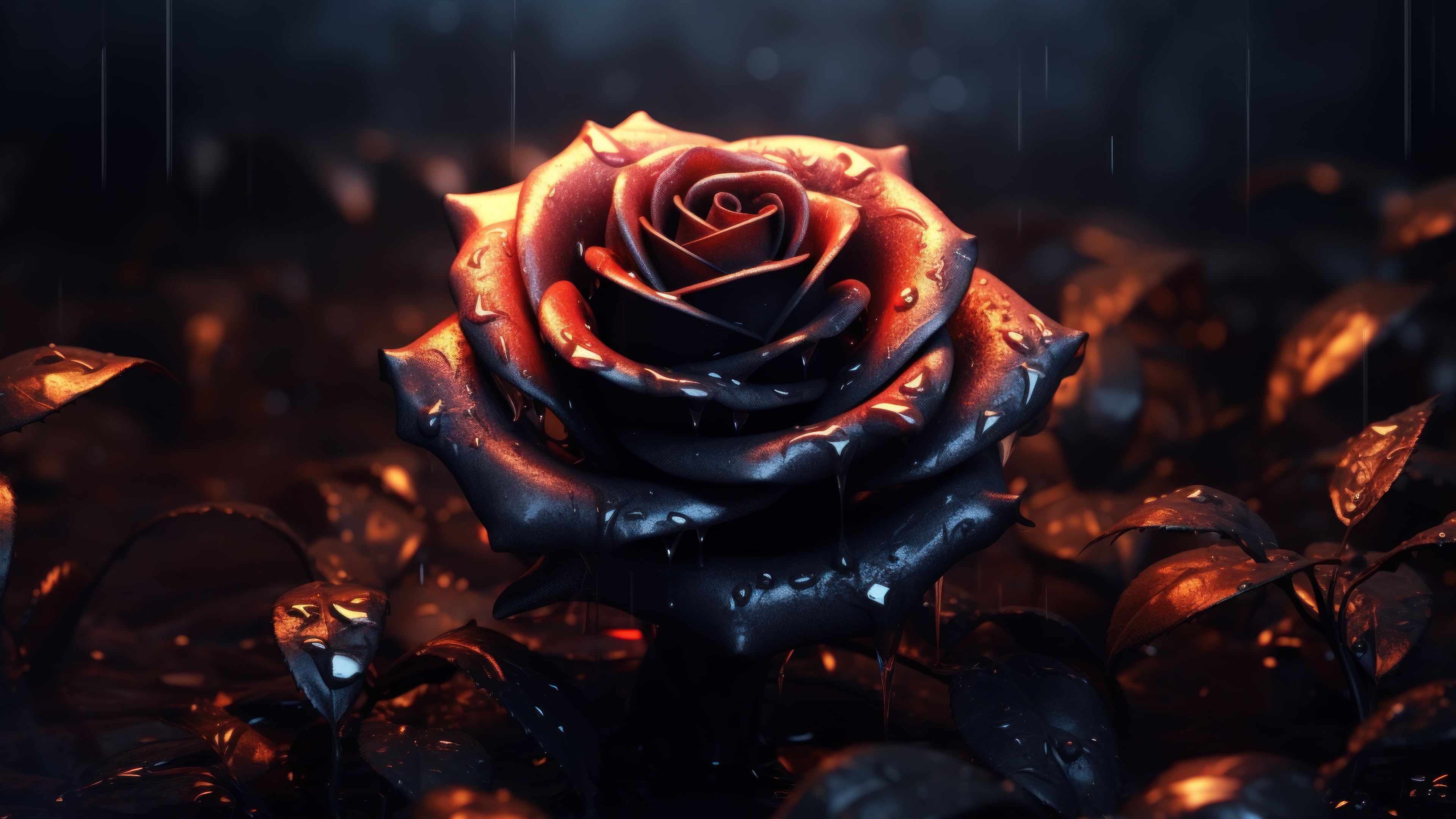 Rain Dark Rose 4K Wallpaper