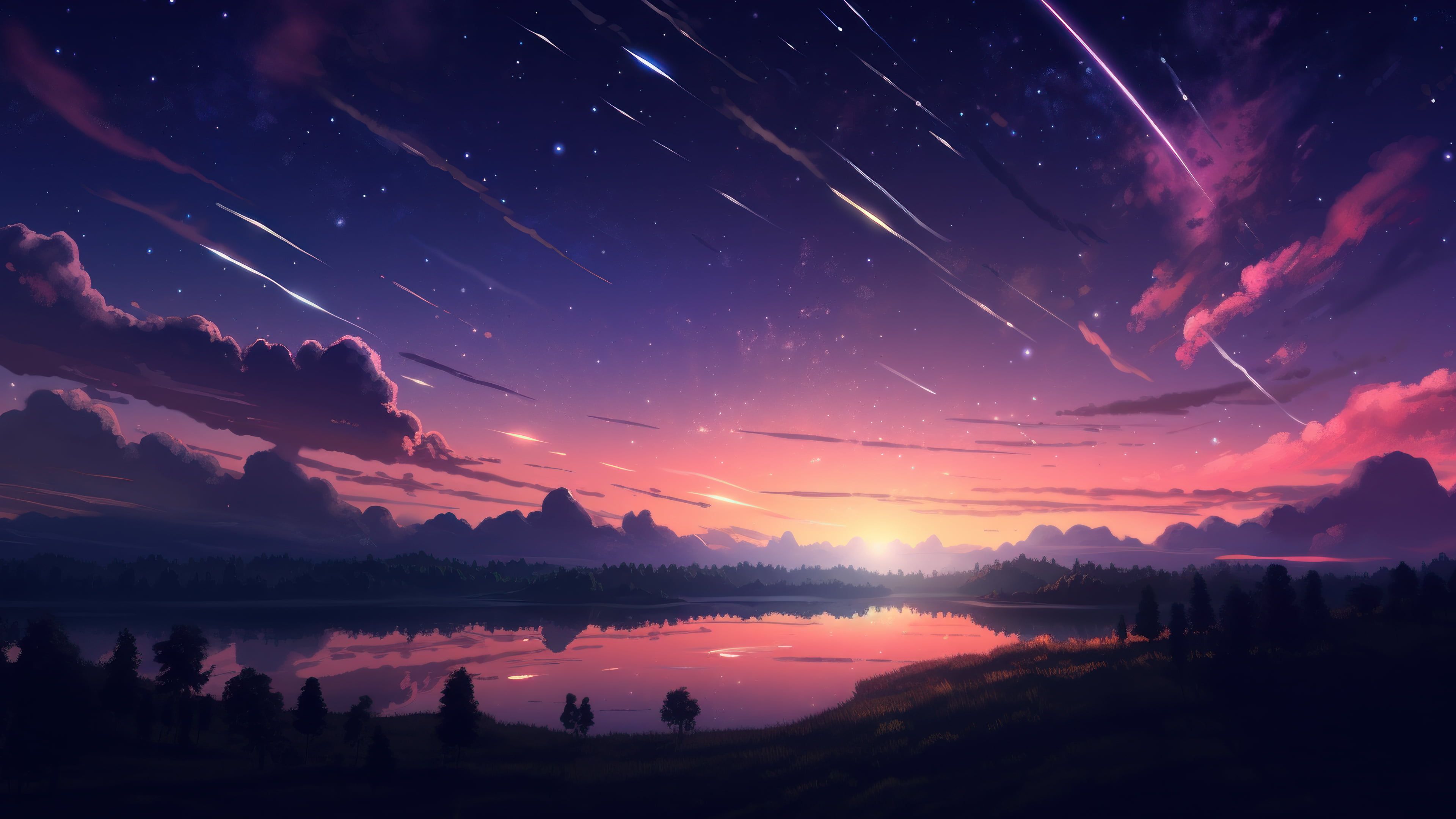 Sunset Anime Comet Stars 4K Wallpaper