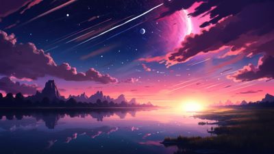 Sunset Anime Comet Stars 4K Wallpaper