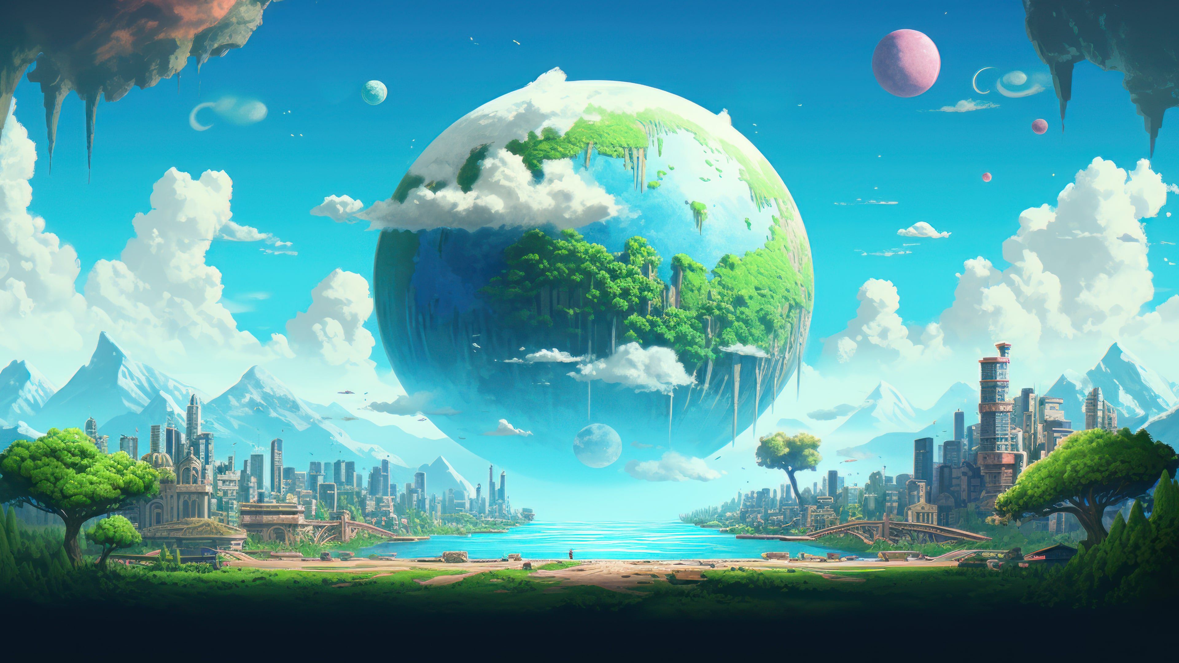Floating Planet Pixel Art 4K Wallpaper