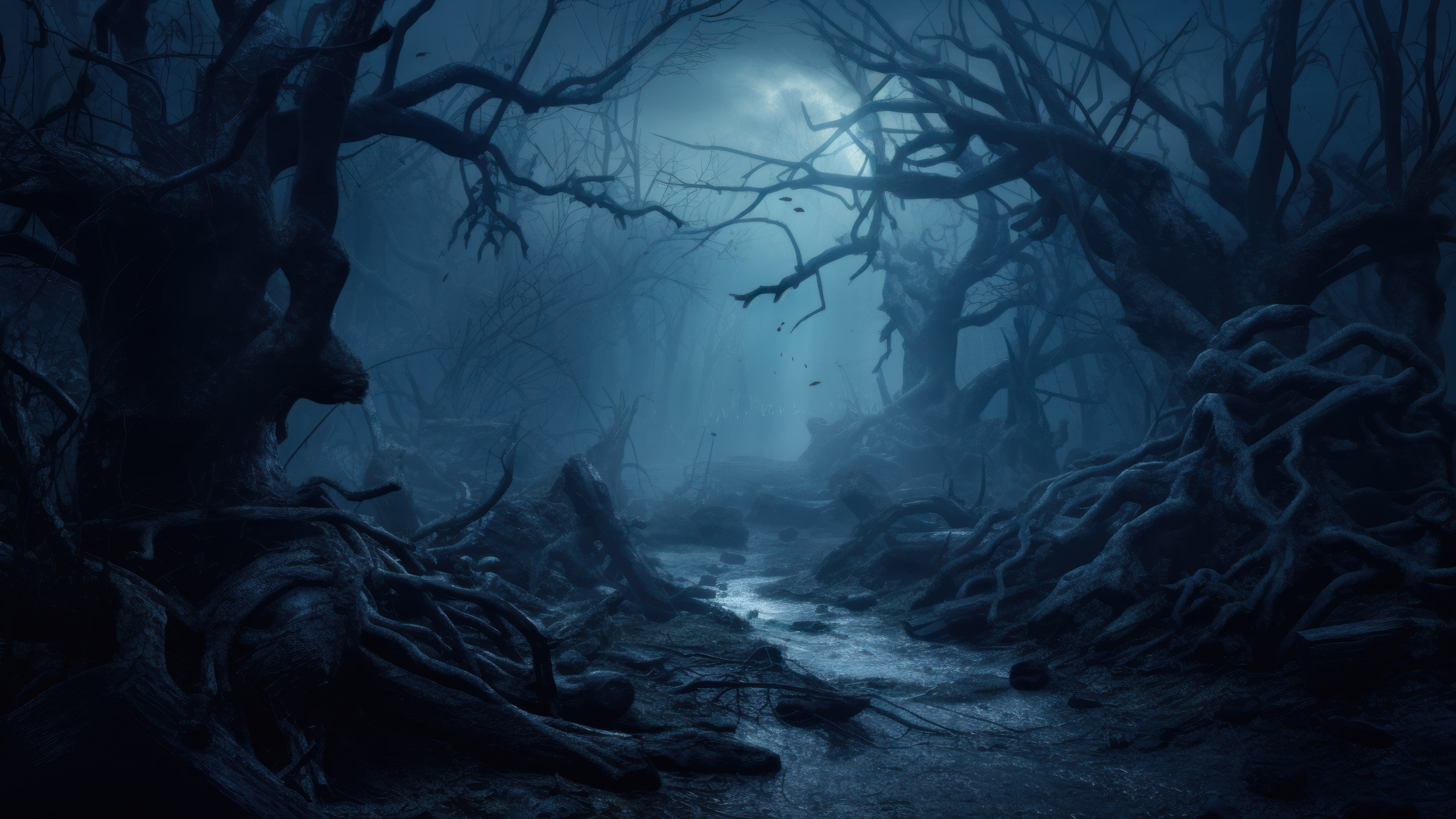 Dark Foggy Halloween Forest 4K Wallpaper