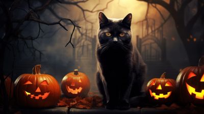 Halloween Black Cat Pumpkins 4K Wallpaper