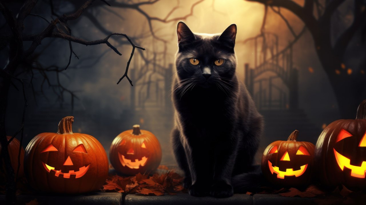 Halloween Black Cat Pumpkins 4K Wallpaper