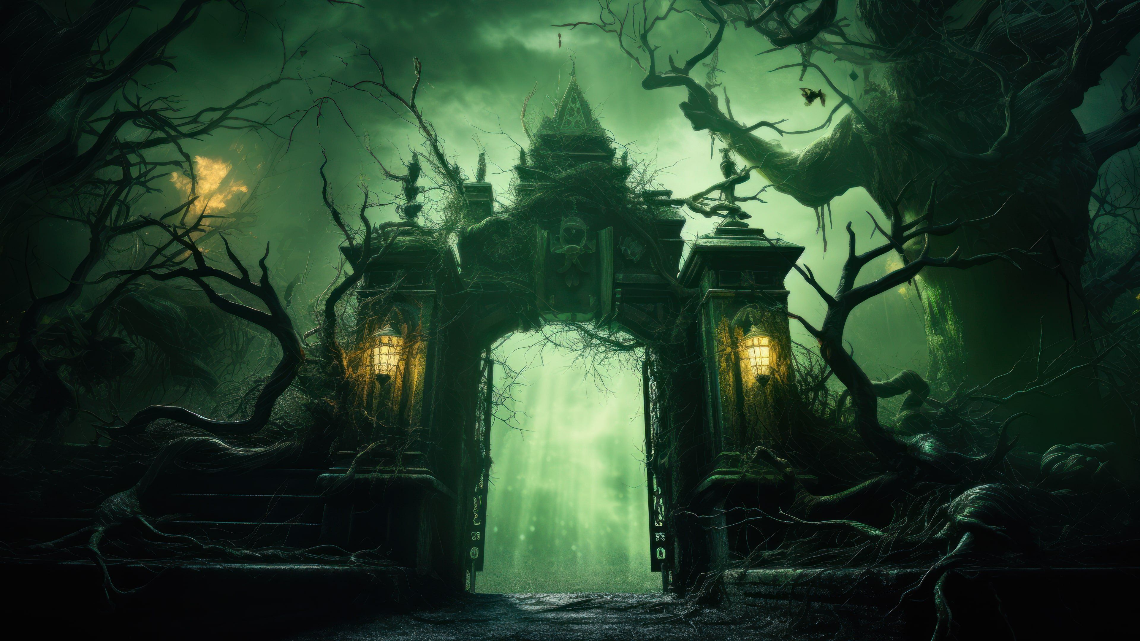Scary Halloween Forest Gate 4K Wallpaper