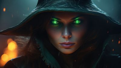 Halloween Close Up Green Eyed Witch 4K Wallpaper